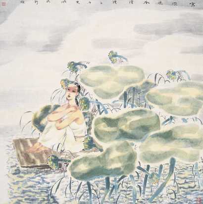 李济民 2002年作 云淡淡水清清 镜心